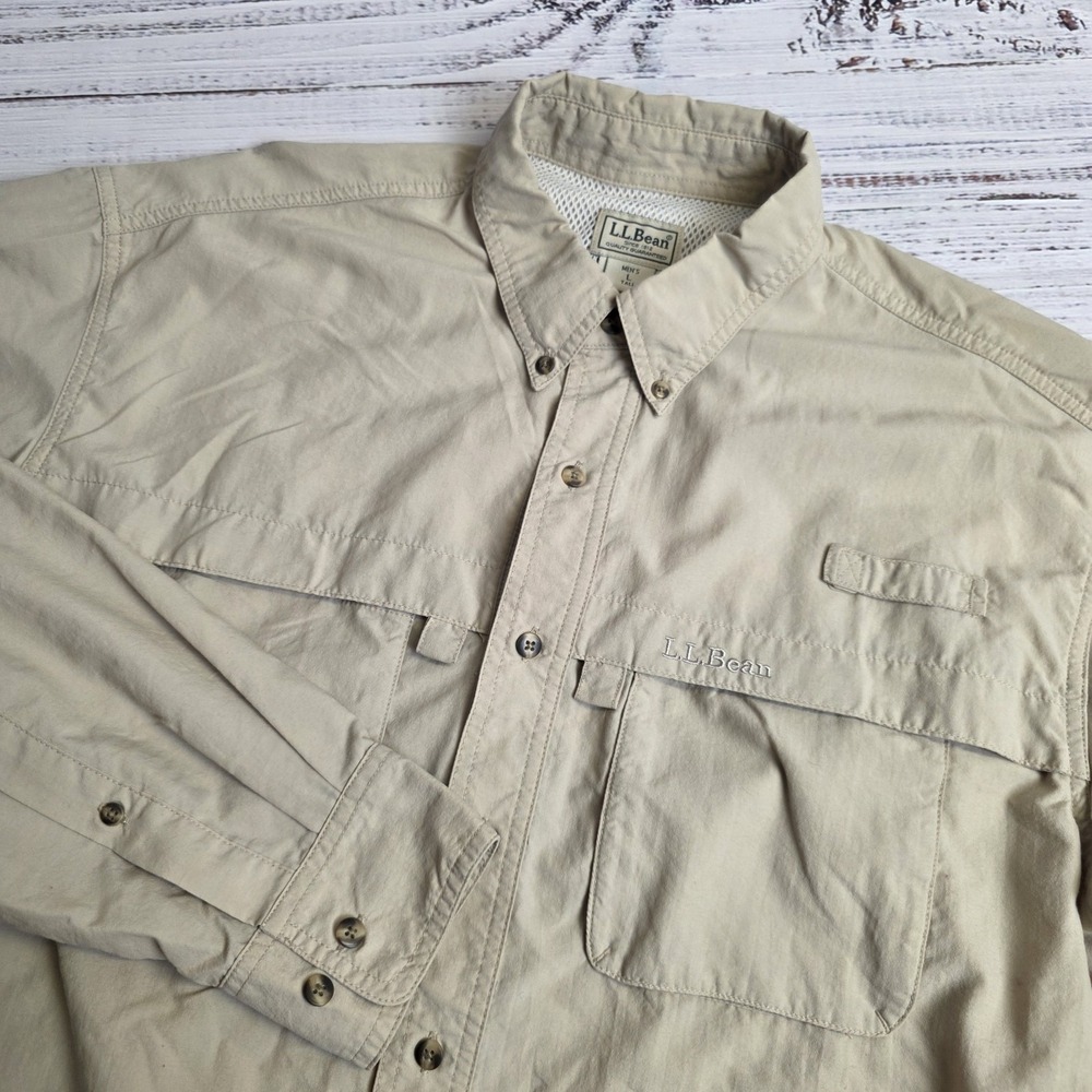 LL Bean Vented Netted Long Sleeve Utility Shirt Beige Mens Large Tall Flaws